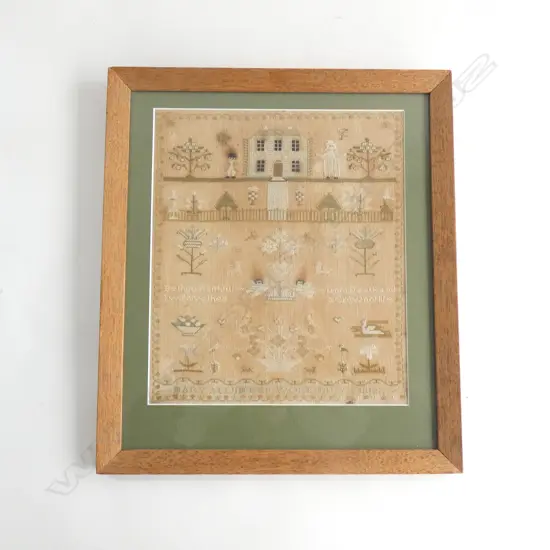 A framed antique sampler - Mary Allum, 1813.  265 x 310mm, some faults ...